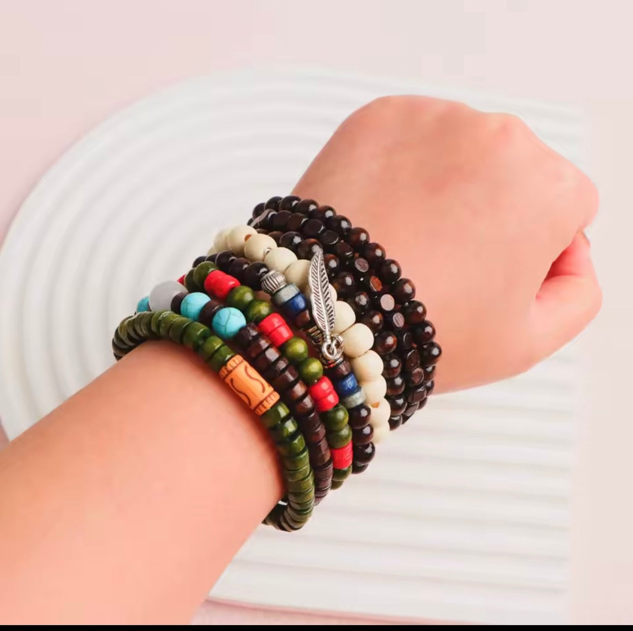 Natural Stone & Wooden Beaded Bracelets – Unisex Set