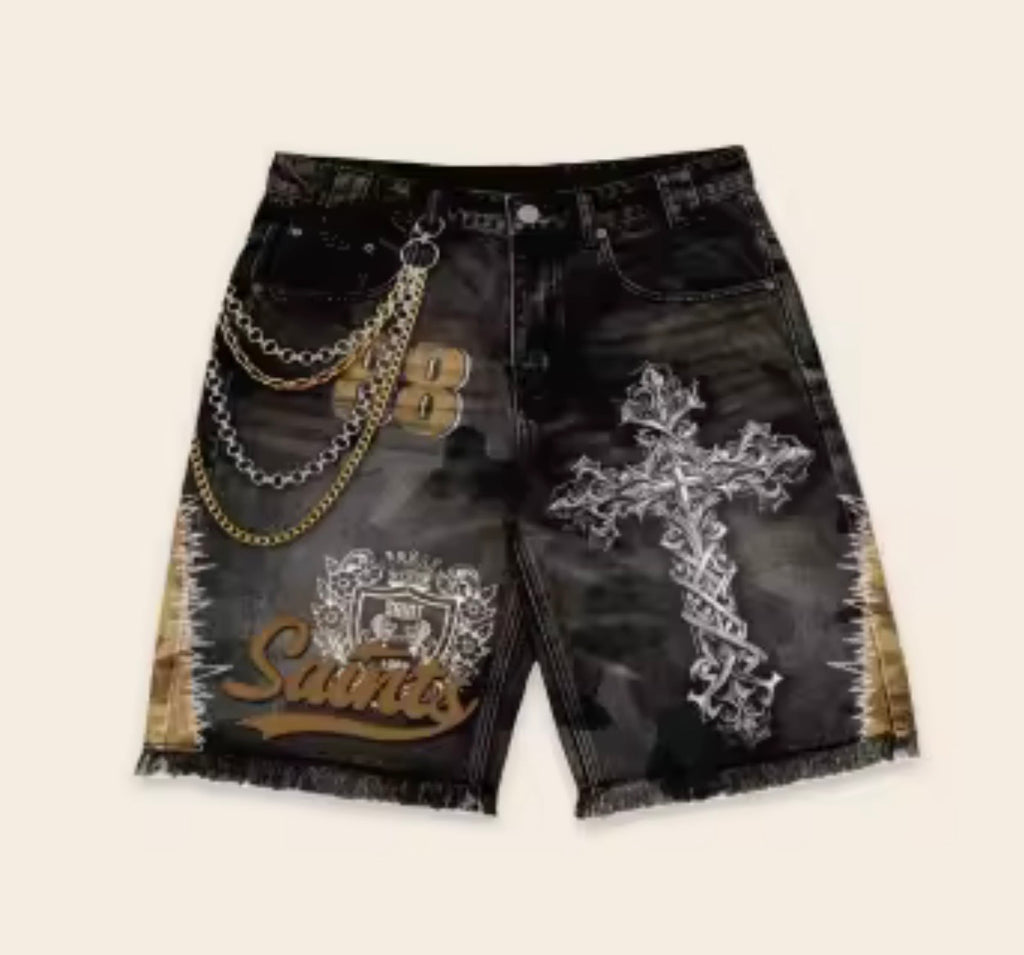 Luxury Cross Chain Denim Shorts – Streetwear Style