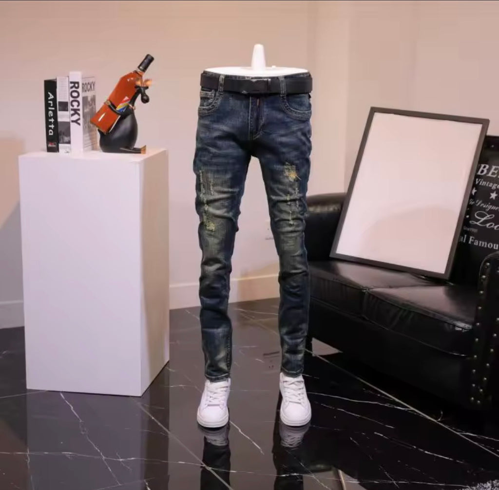 Men’s Distressed Skinny Jeans – Dark Wash Slim Fit Denim