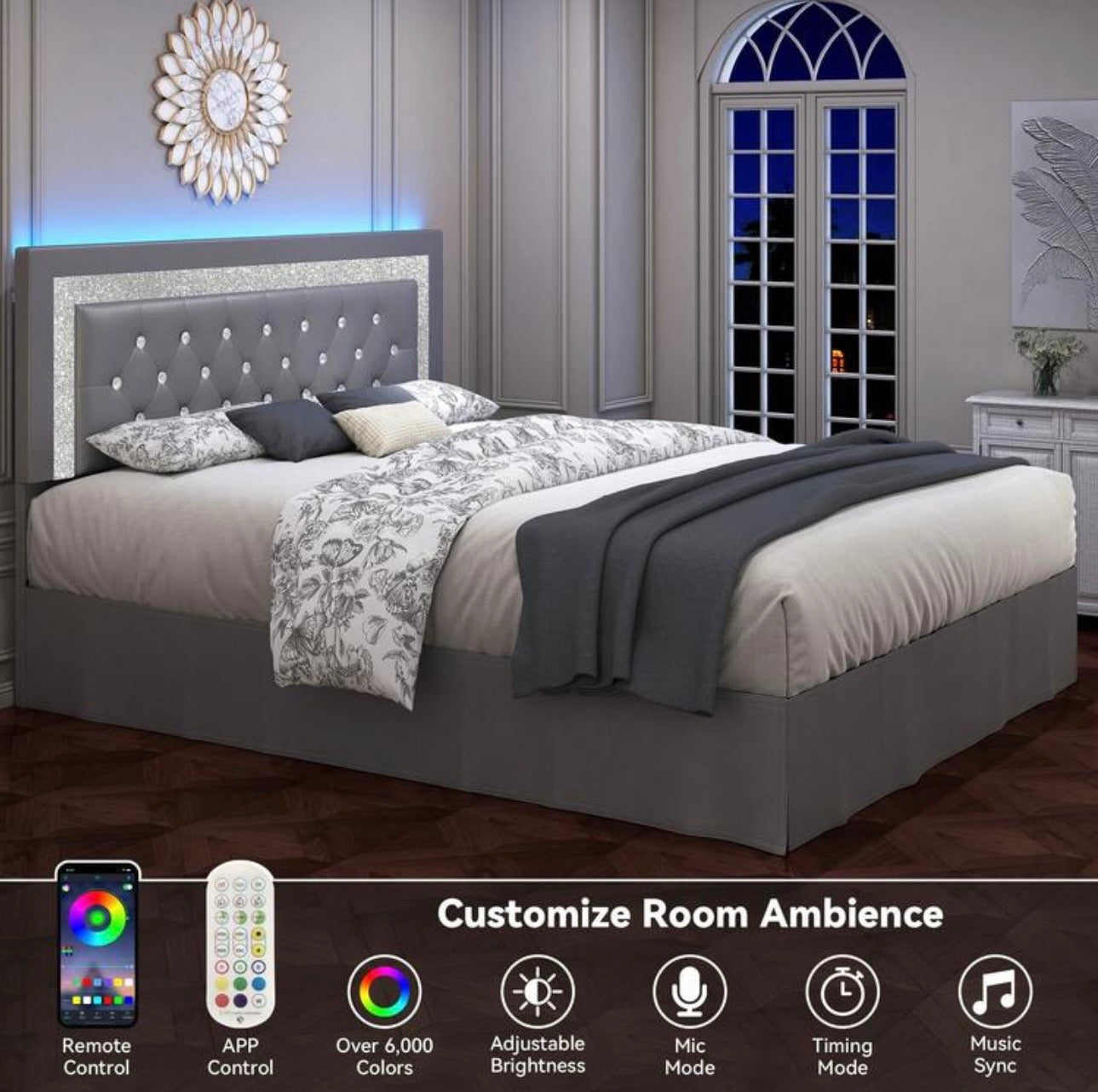 Modern LED Full Size Bed Frame with Upholstered Headboard & App/Remote Control