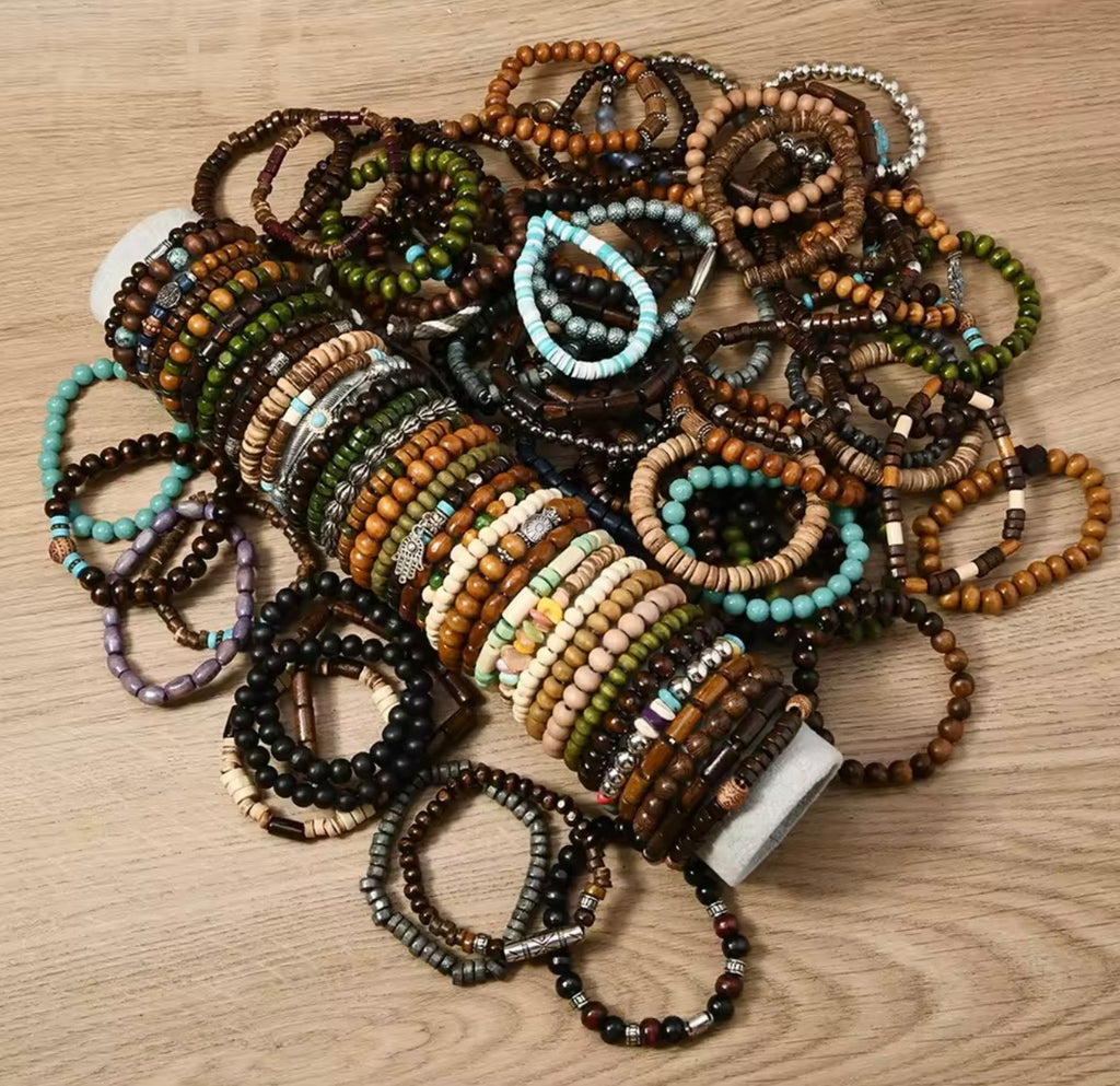 Natural Stone & Wooden Beaded Bracelets – Unisex Set