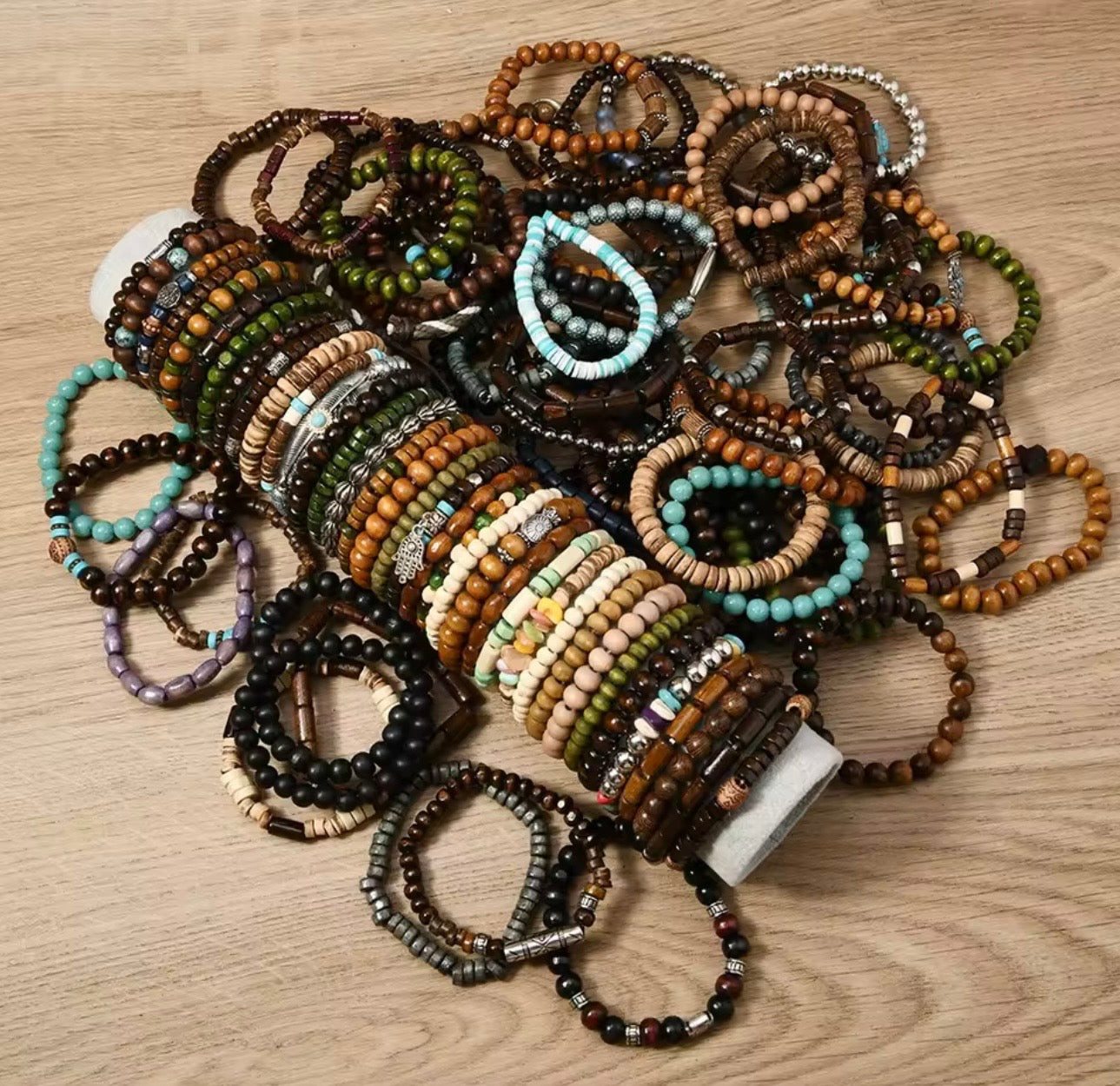 Natural Stone & Wooden Beaded Bracelets – Unisex Set