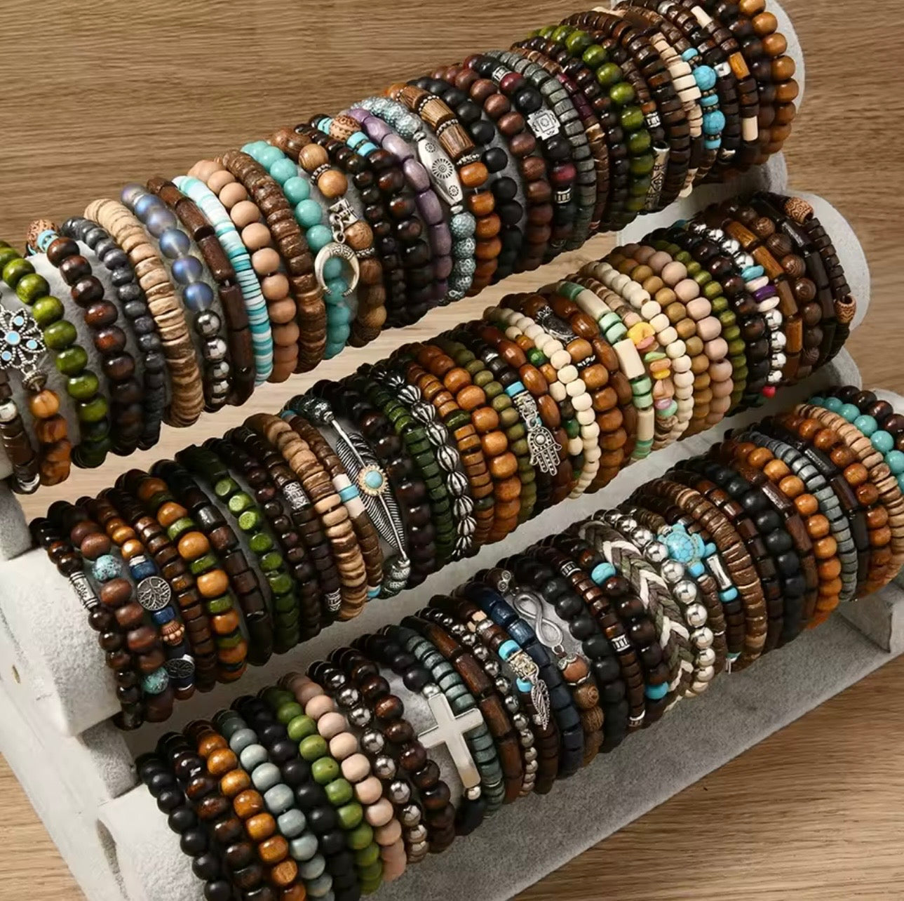 Natural Stone & Wooden Beaded Bracelets – Unisex Set