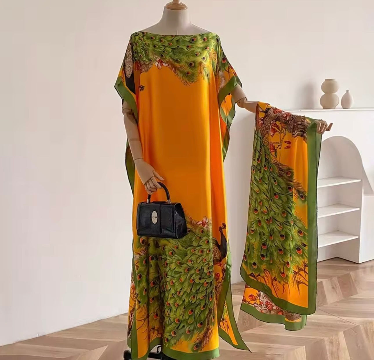 Luxury Peacock Print Kaftan Dress with Matching Scarf – Elegant Maxi Outfit