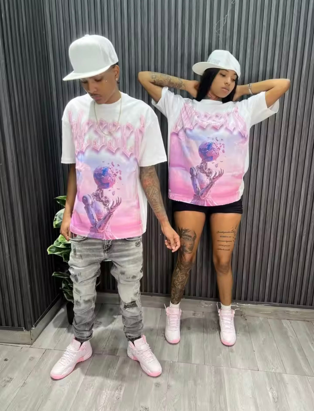 Pink Streetwear Graphic T-Shirt Set with Matching Sneakers & Cap