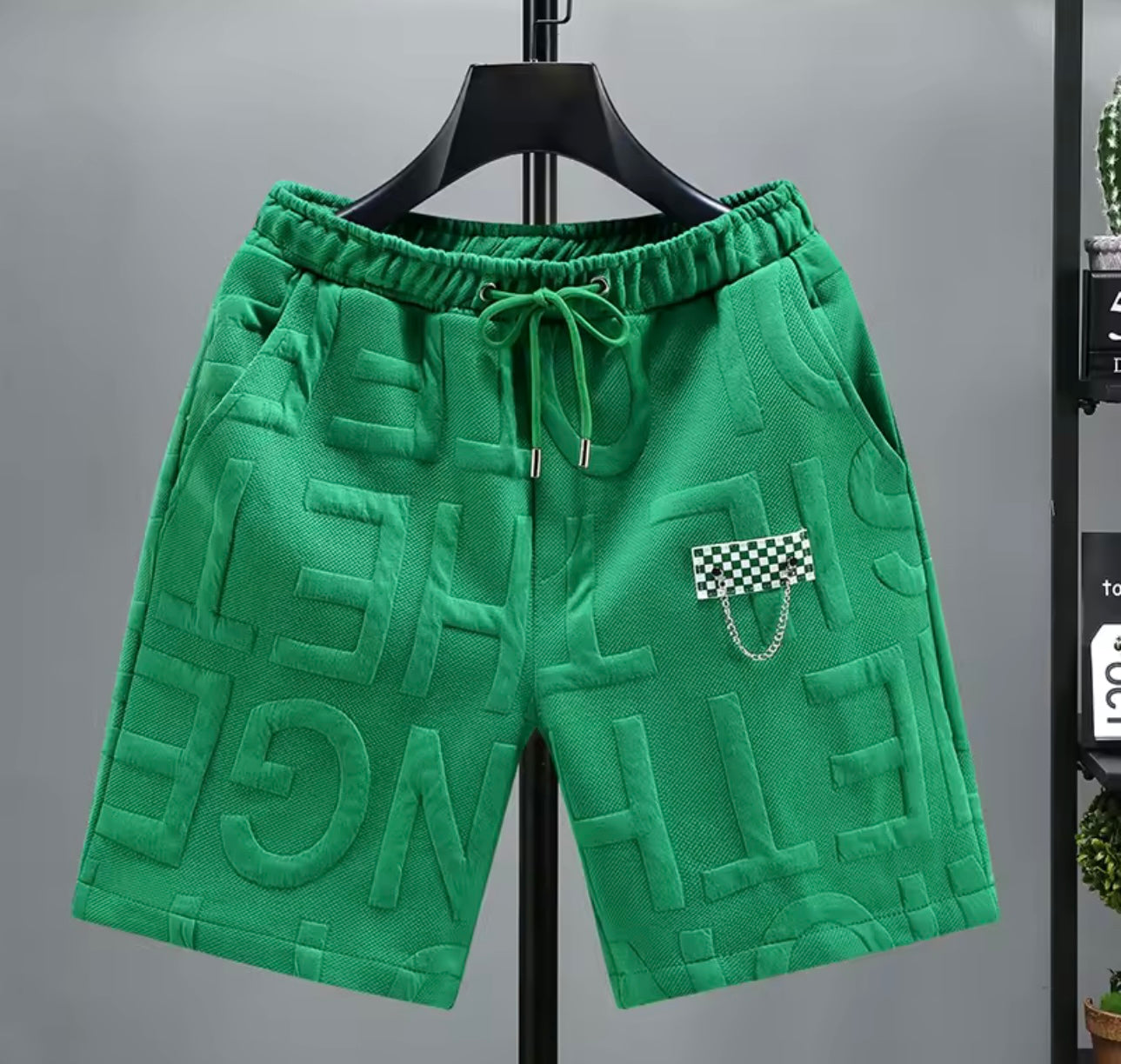 Trendy Green Streetwear Shorts – Embossed Design Summer Fit